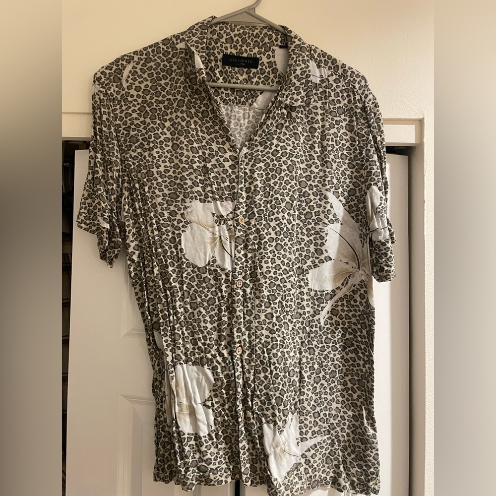 Allsaints Leopard Print Floral Short Sleeve Buttondown Shirt XL